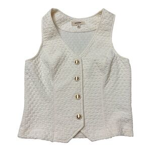 Trendy Porridge Cream Textured Vest | Small V-Neck Button-Up | Ivory Knit Top